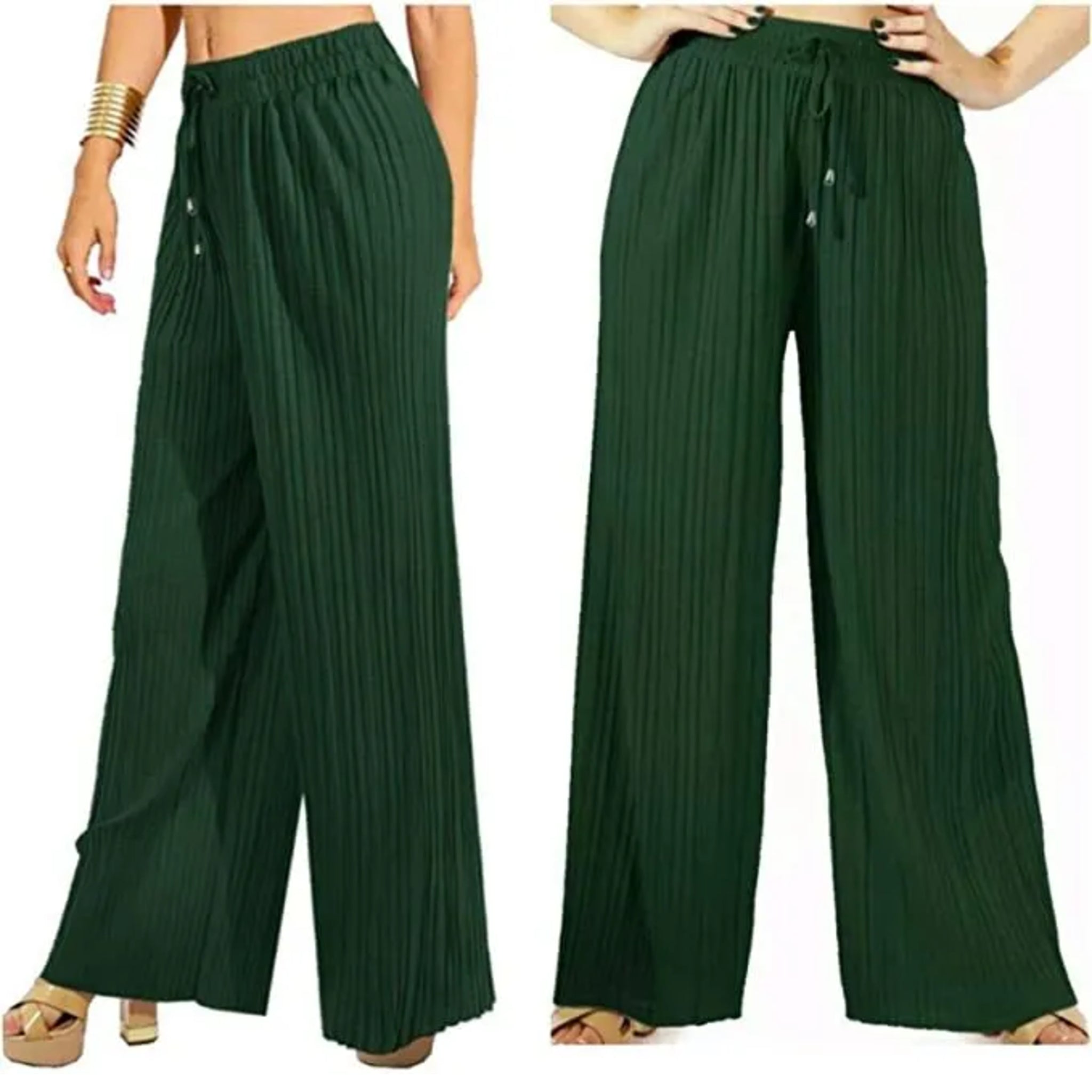 Women's khaki green pleated wide leg trousers with elastic waist and drawstring, lightweight summer palazzo pants